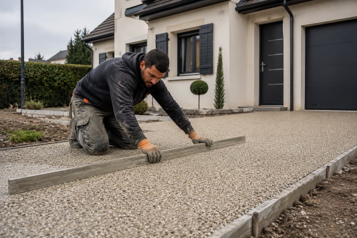 Réalisation d'une dalle en béton désactivé devant une maison