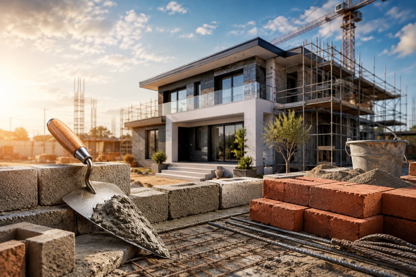 Chantier de construction avec maçon au travail, grue en arrière-plan